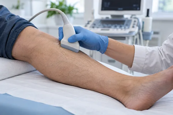 Temsili görsel: Bacak üzerinde ultrason probuyla yapılan Doppler incelemesi